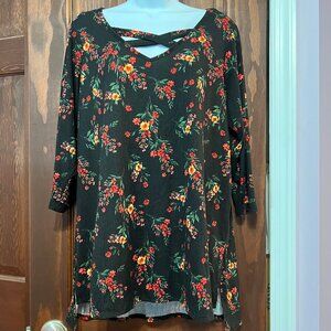 Kim & Cami 3/4 Sleeve Red Floral Knitted Criss Cross Ribbed Top